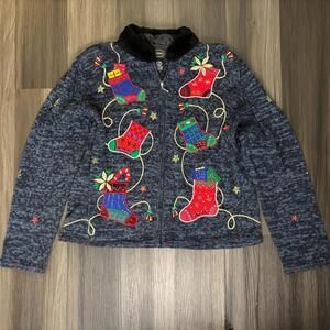 Vintage 90's Christmas Cardigan Sweater Large Beaded Patchwork Stocking Blue